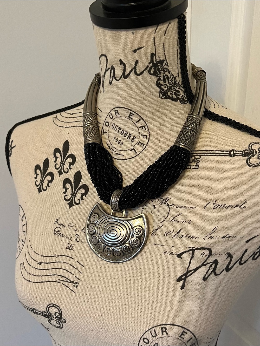 Statement Black Beaded Necklace with Silver-Tone Pendant